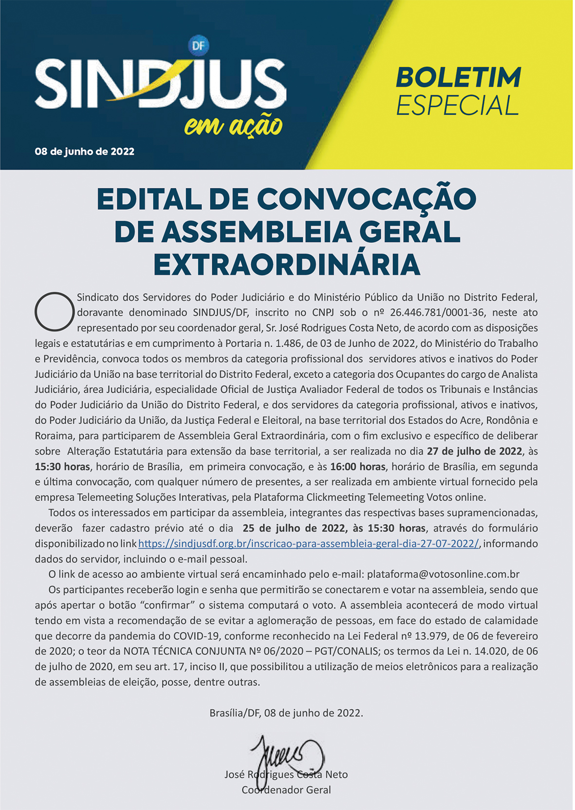 Edital de Convocação de Assembleia Geral Extraordinária no dia 27 de julho de 2022