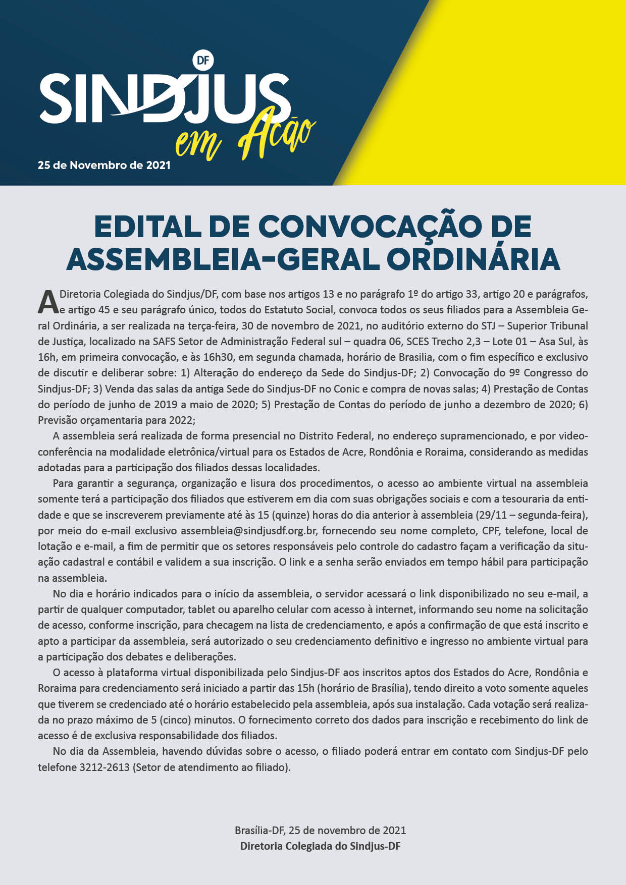 Edital de Convocação de Assembleia Geral Ordinária no dia 30 de Novembro de 2021.