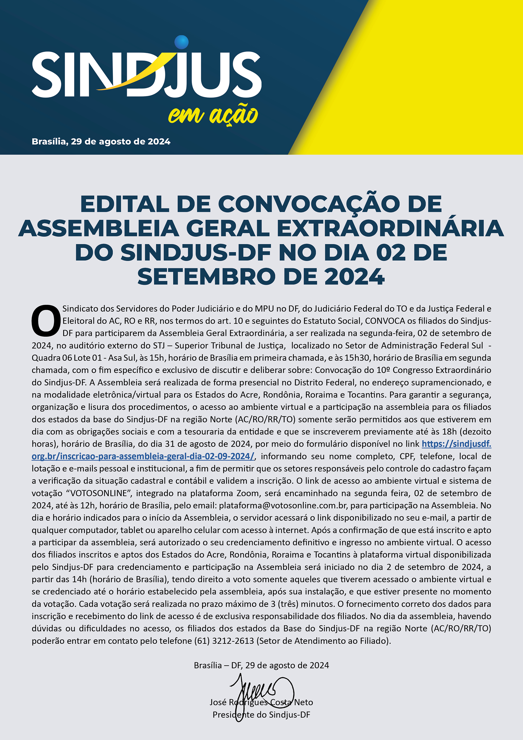 Edital de Convocação de Assembleia Geral Extraordinária do Sindjus-DF no dia 02 de Setembro de 2024