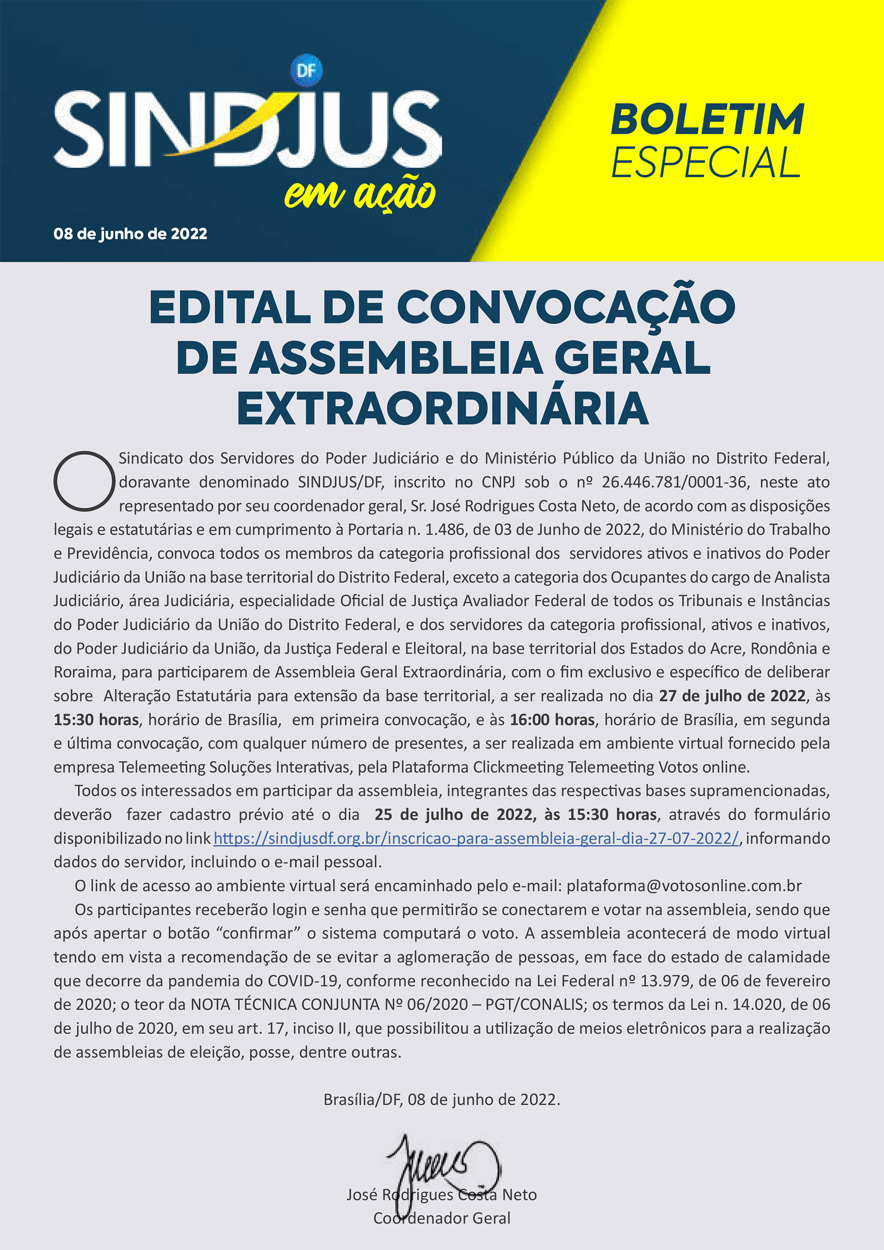 Edital de Convocação de Assembleia Geral Extraordinária 8 de junho de 2022