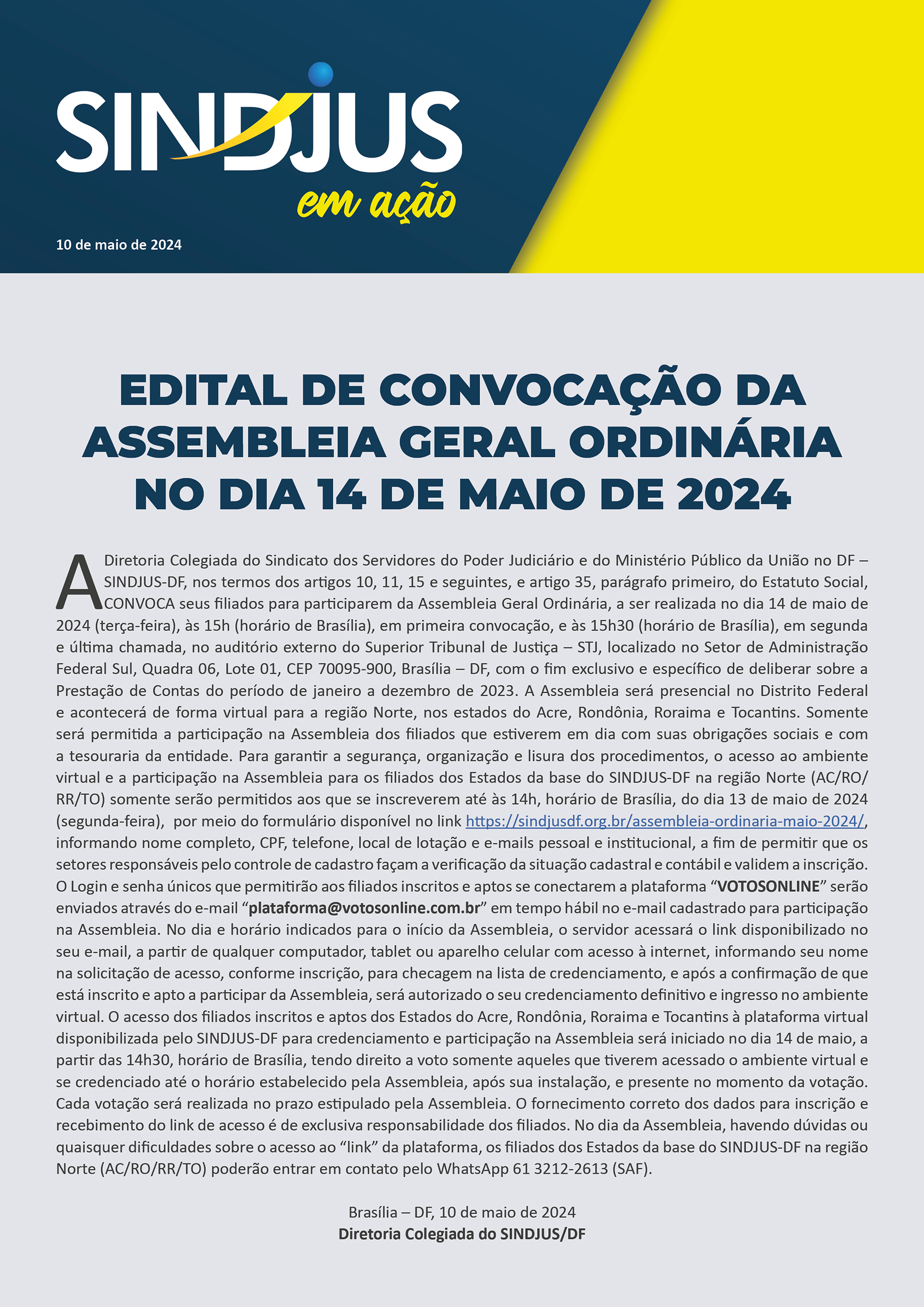 Edital de Convocação da Assembleia Geral Ordinária no dia 14 de maio de 2024