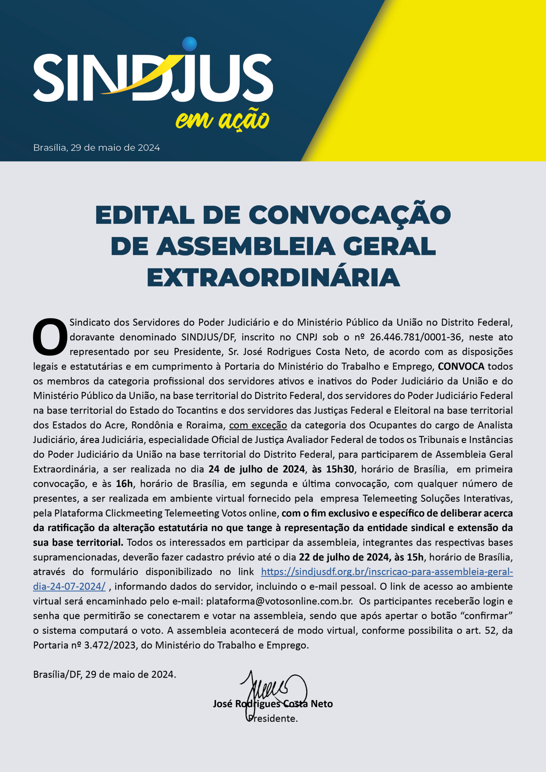 Edital de Convocação de Assembleia Geral Extraordinária no dia 24 de julho de 2024