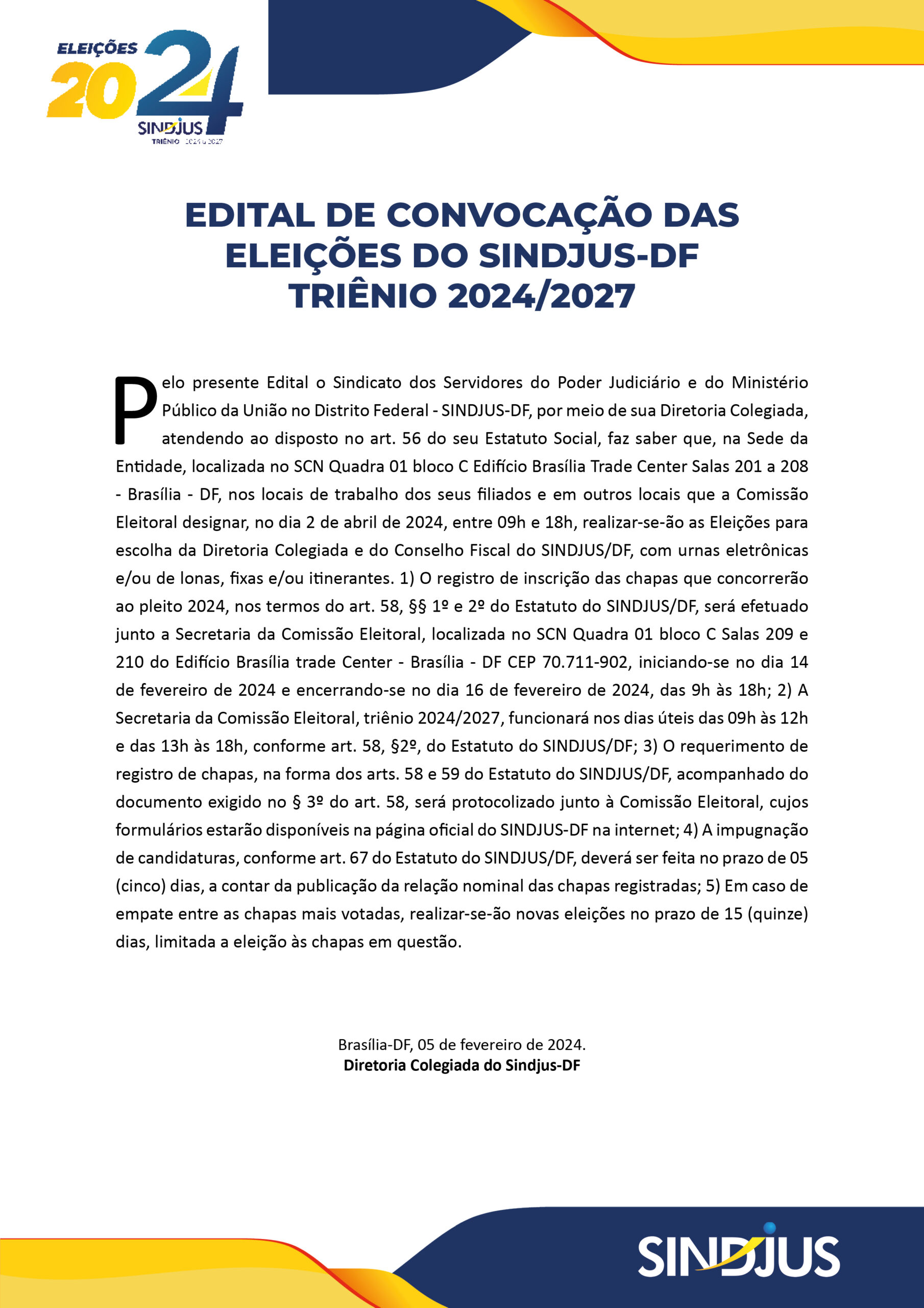 Edital de Convocação das Eleições do Sindjus-DF Triênio 2024/2027