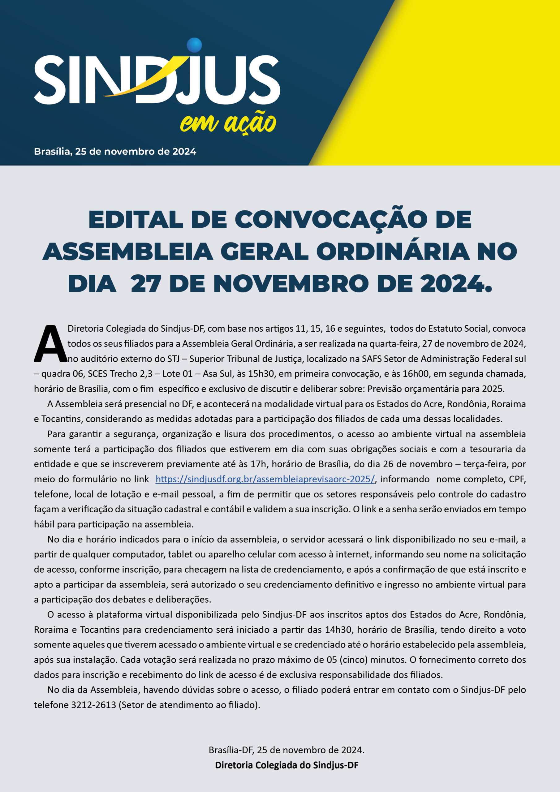 Edital de Convocação de Assembleia Geral Ordinária no dia 27 de novembro de 2024
