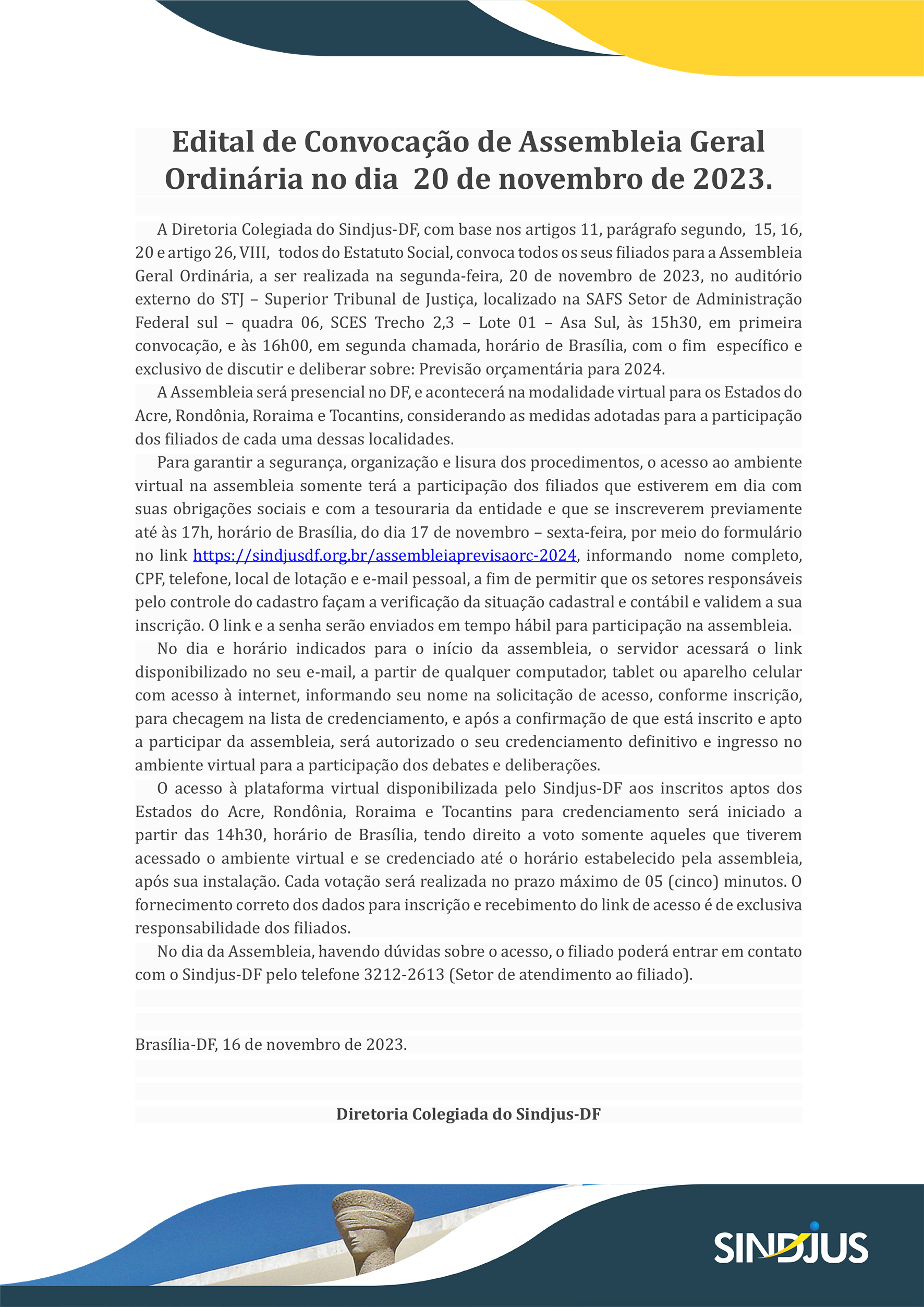 Edital de Convocação de Assembleia Geral Ordinária no dia 20 de novembro de 2023