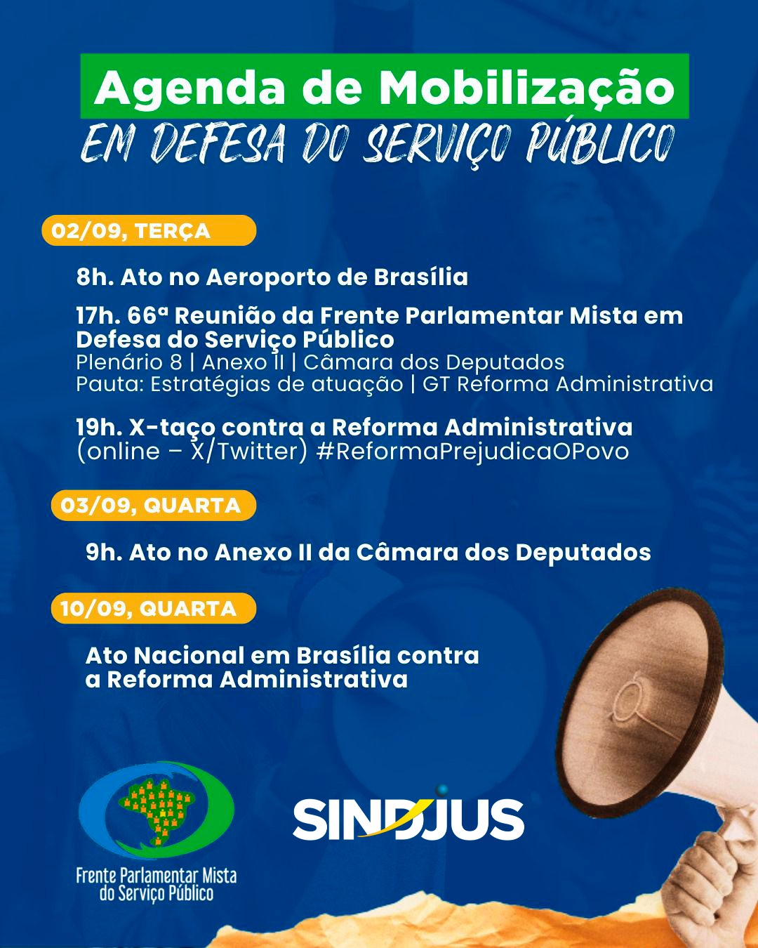 Sindjus convoca categoria para mobilização no Aeroporto JK e X-taço contra a Reforma Administrativa nesta terça-feira (2/9)